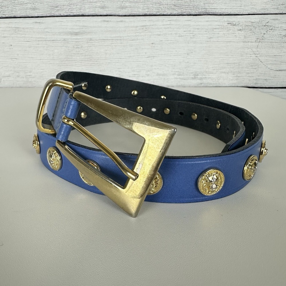 Vintage The Limited Blue Leather Gold Lion‎ Head Studded Sz Medium Italy Luxury